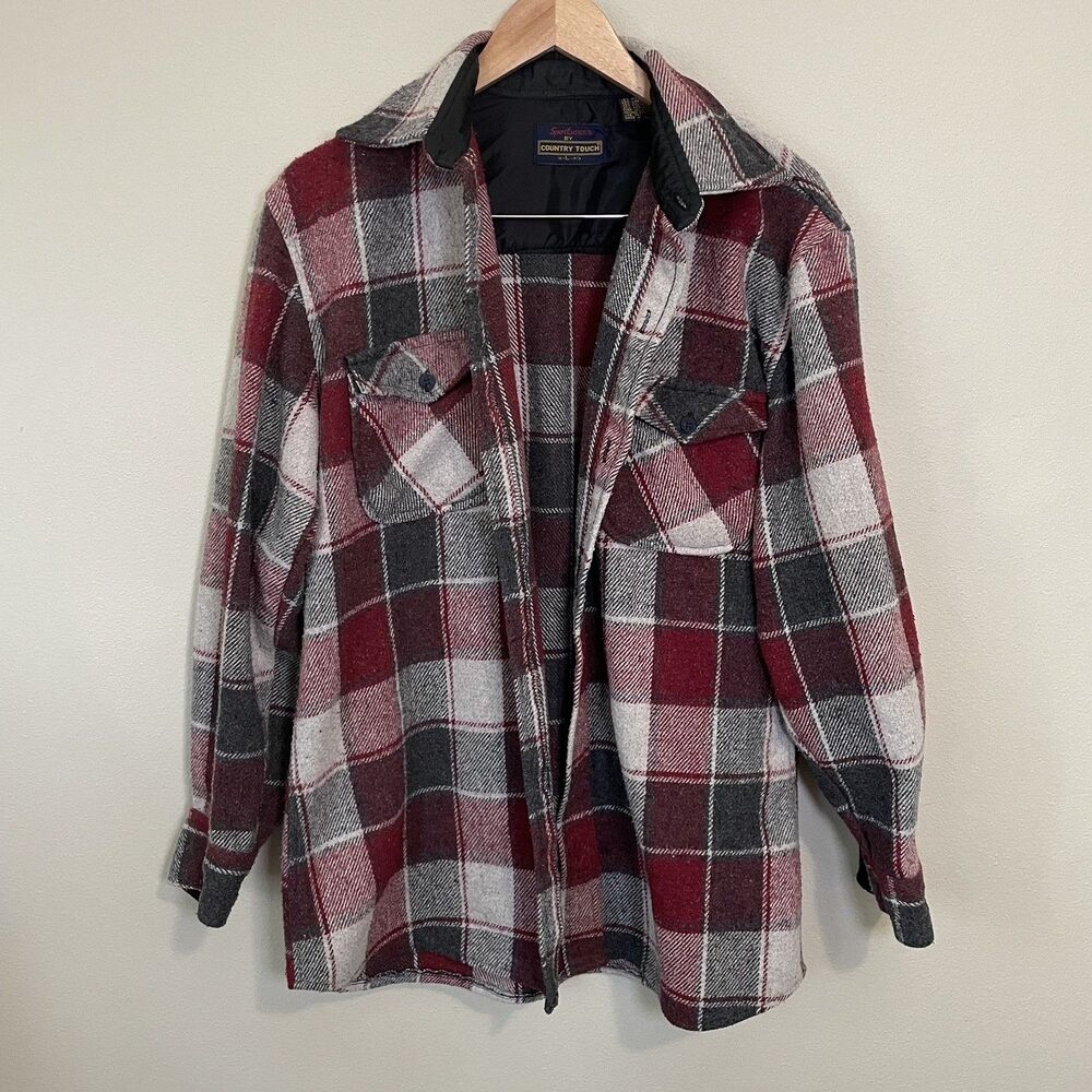Vintage 90s Sportswear by Country Touch Wool Linen Red Flannel Plaid Mens L - Picture 5 of 9
